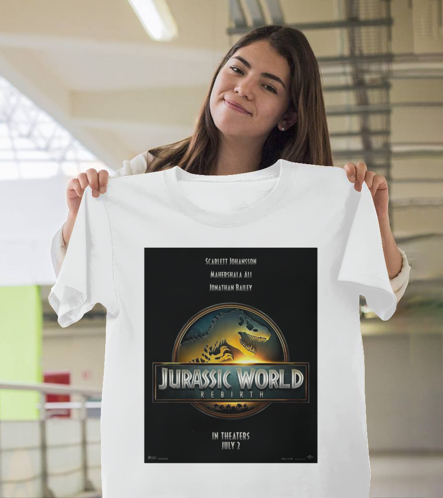 Scarlett Johansson Mahershala Ali Jonathan Bailey Jurassic World Rebirth In Theaters July 2 T-Shirt