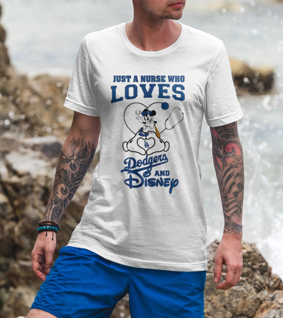 Just A Nurse Who Loves Dodgers And Disney Mickey Mouse Baseball T-Shirt