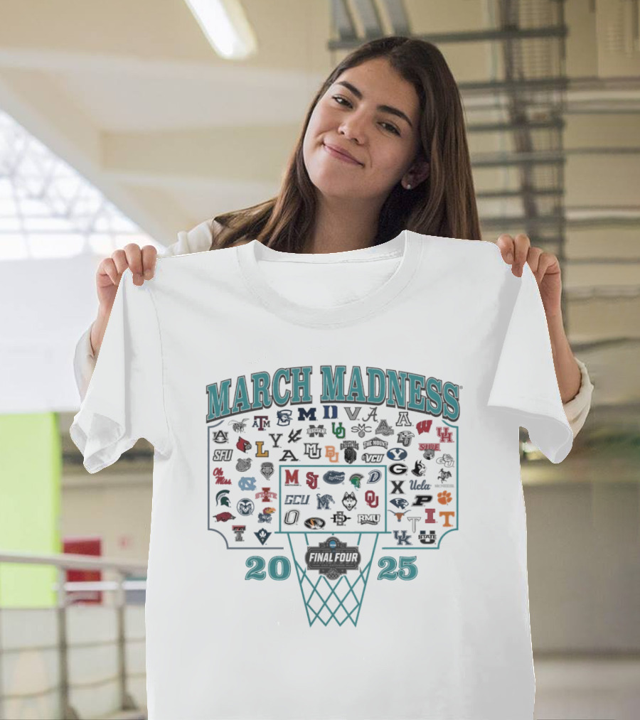 NCAA 2025 March Madness Basketball Tournament Team Logos and Hoop T-Shirt