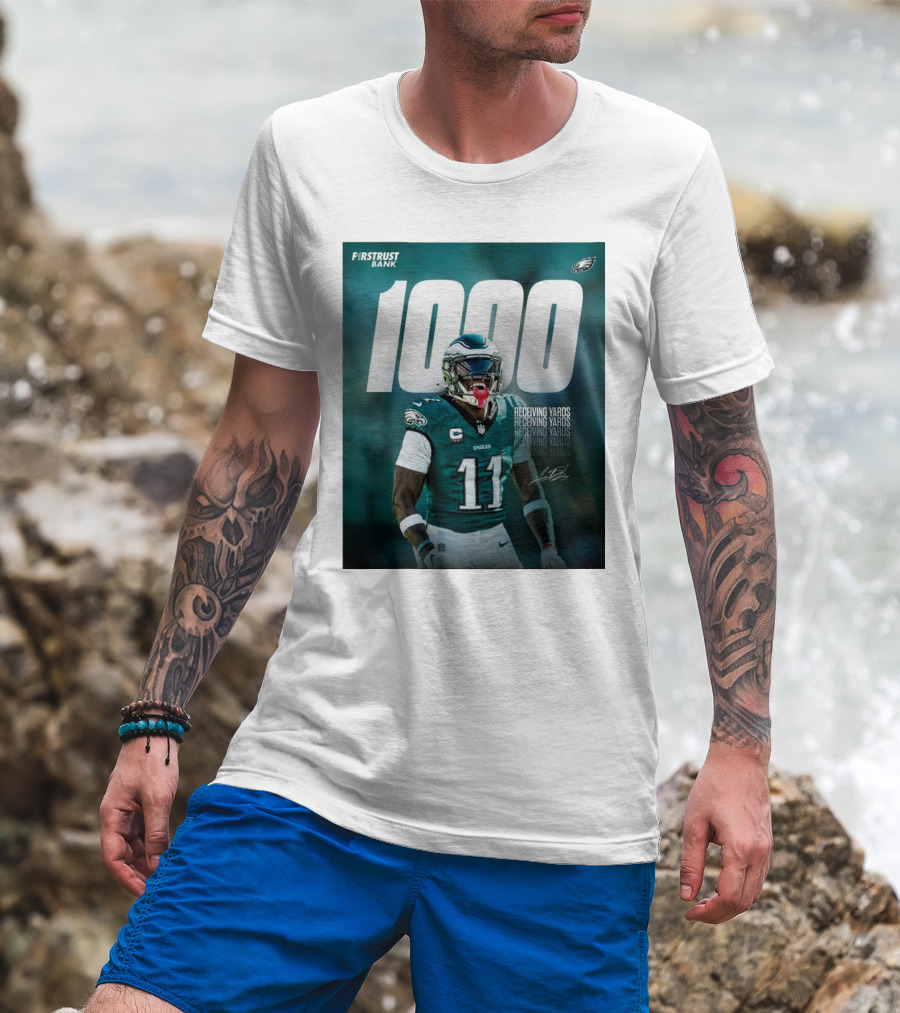 Philadelphia Eagles A.J. Brown 1000 Receiving Yards Signature Fly Eagles Fly NFL T-Shirt