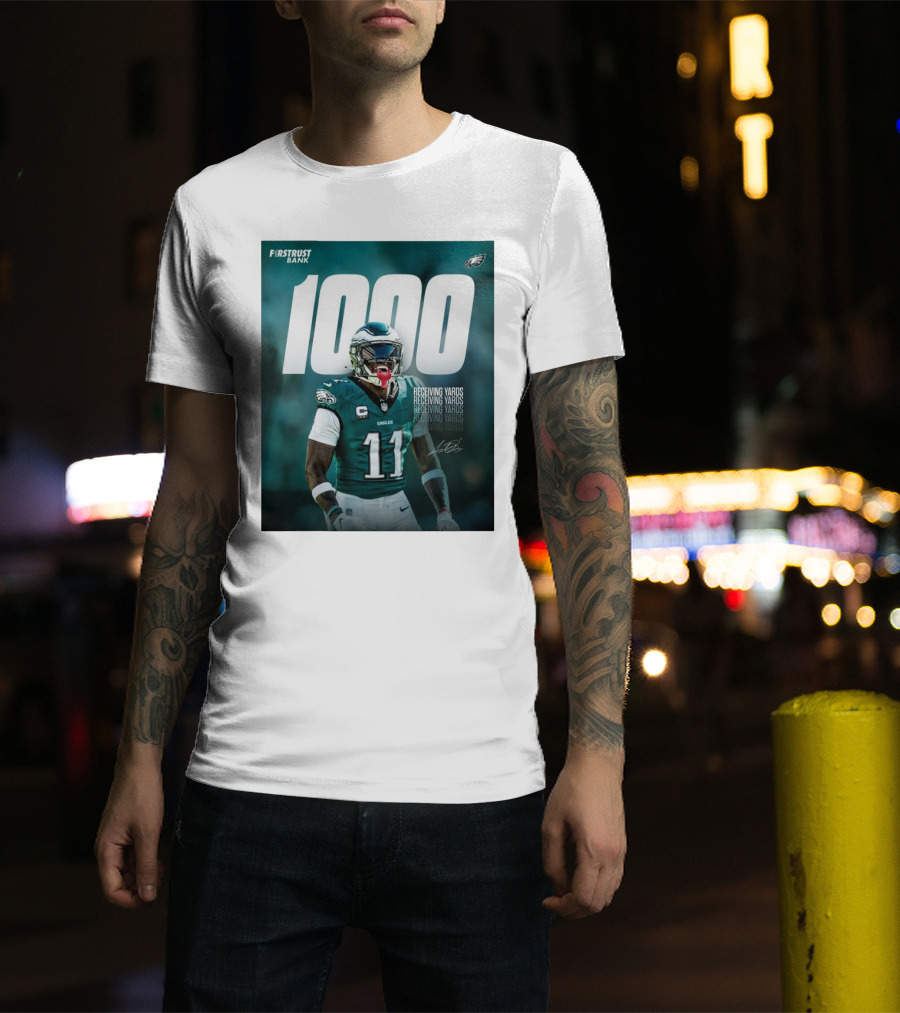 Philadelphia Eagles A.J. Brown 1000 Receiving Yards Signature Fly Eagles Fly NFL T-Shirt