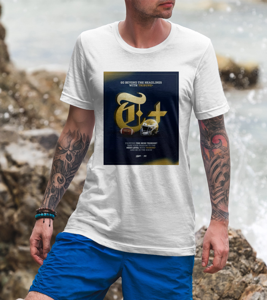 Notre Dame Fighting Irish Tribune+ Go Beyond The Headlines Football Helmet T-Shirt