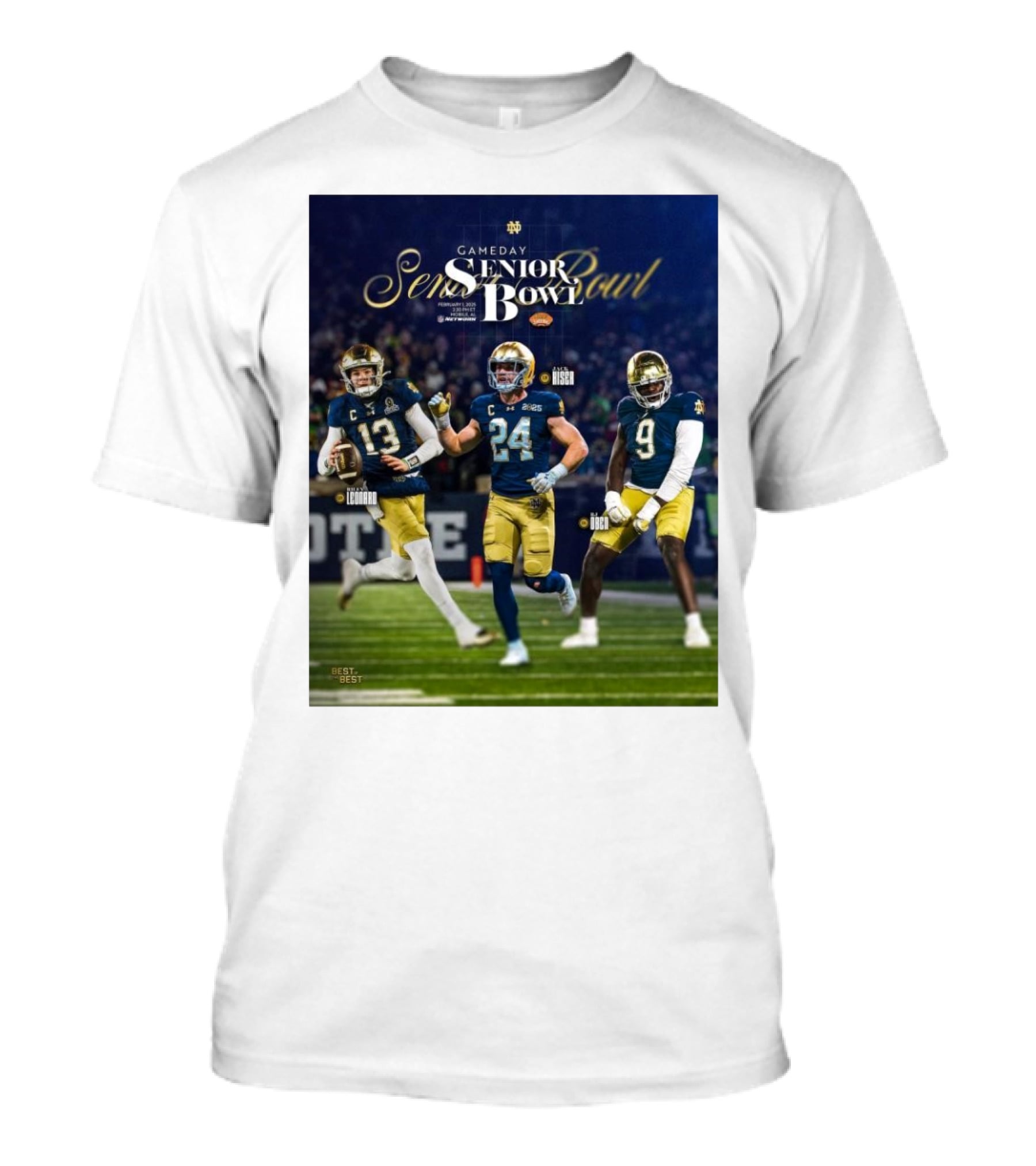 Gameday Senior Bowl February 2025 Notre Dame Fighting Irish Riley Leonard Jack Kiser RJ Oben T-Shirt