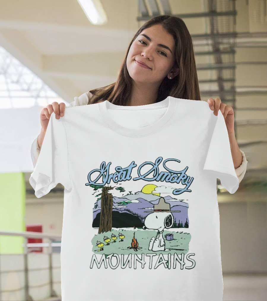 Snoopy Great Smoky Mountains Camping Scene with Woodstock Characters T-Shirt