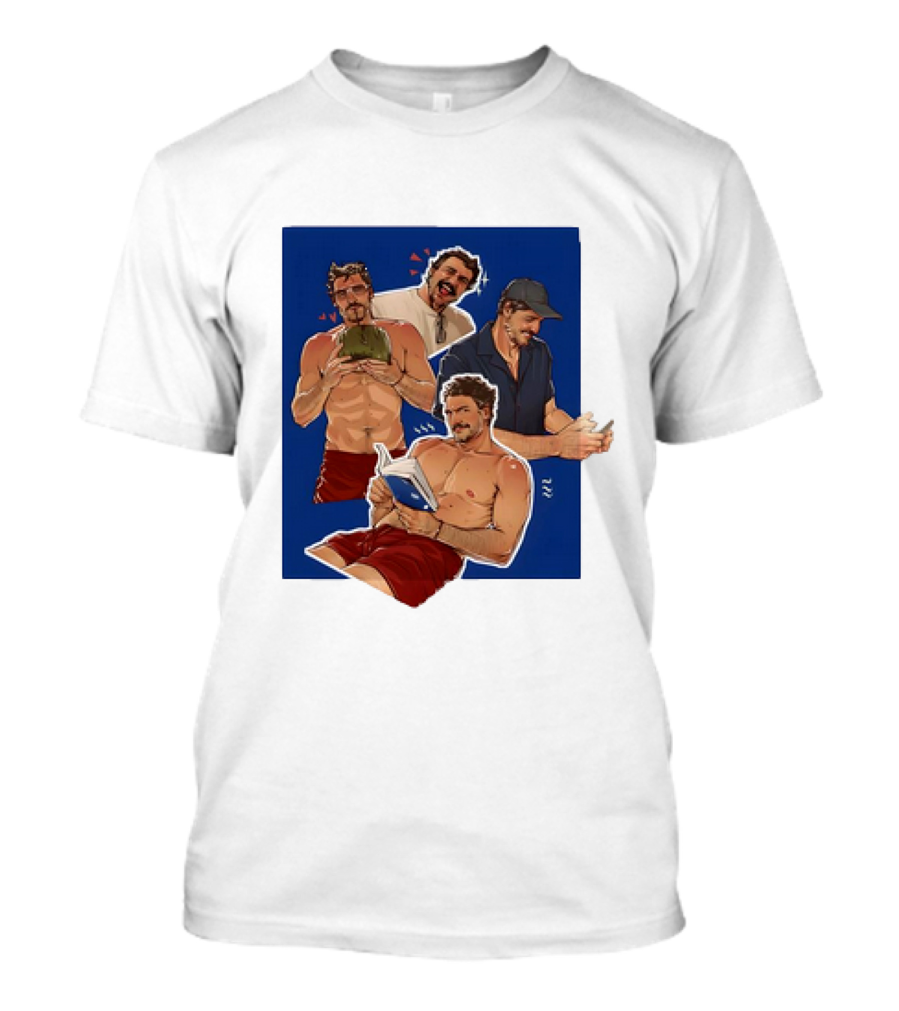 Pedro Pascal Humorous Illustrated Collage Reading And Relaxing Moments T-Shirt