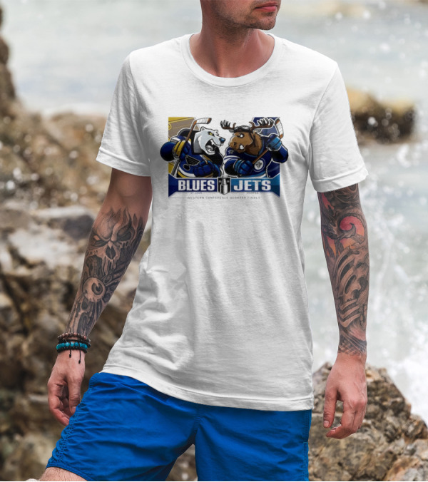 St Louis Blues Vs Winnipeg Jets 2025 Western Conference Quarter Finals Fierce Mascot Faceoff T-Shirt
