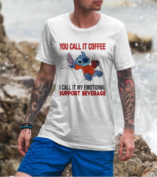 Stitch You Call It Coffee I Call It My Emotional Support Beverage Blue Alien Character With Hot Drink In Red Sweater T-Shirt