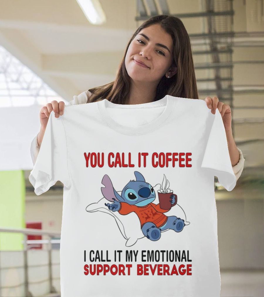Stitch You Call It Coffee I Call It My Emotional Support Beverage Blue Alien Character with Hot Drink in Red Sweater T-Shirt