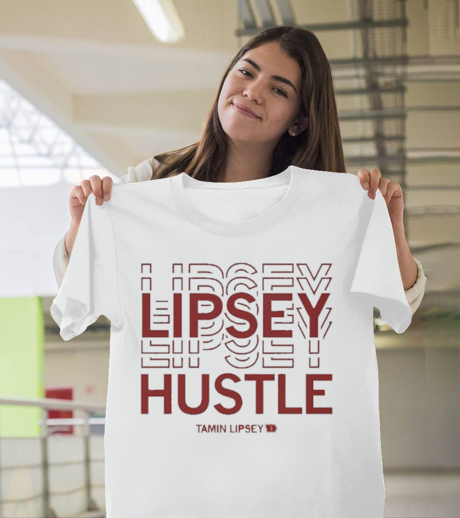 Tamin Lipsey Hustle Repeating Bold Red Text T-Shirt