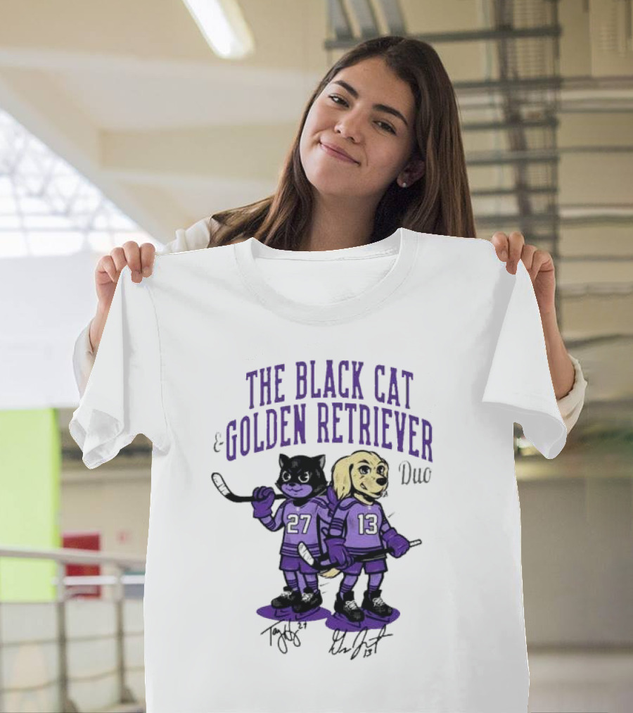 The Black Cat Golden Retriever 27 13 Hockey Duo T-Shirt