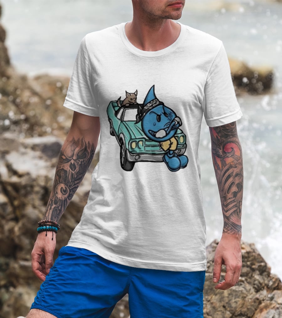 Thornhill Bat White Blue Cartoon Character With Dog In Classic Car T-Shirt
