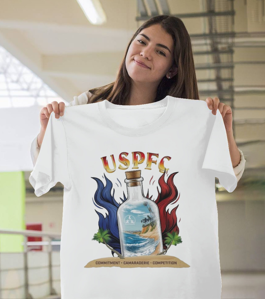 USPFC Commitment Camaraderie Competition Coastal Scenic Bottle Design T-Shirt