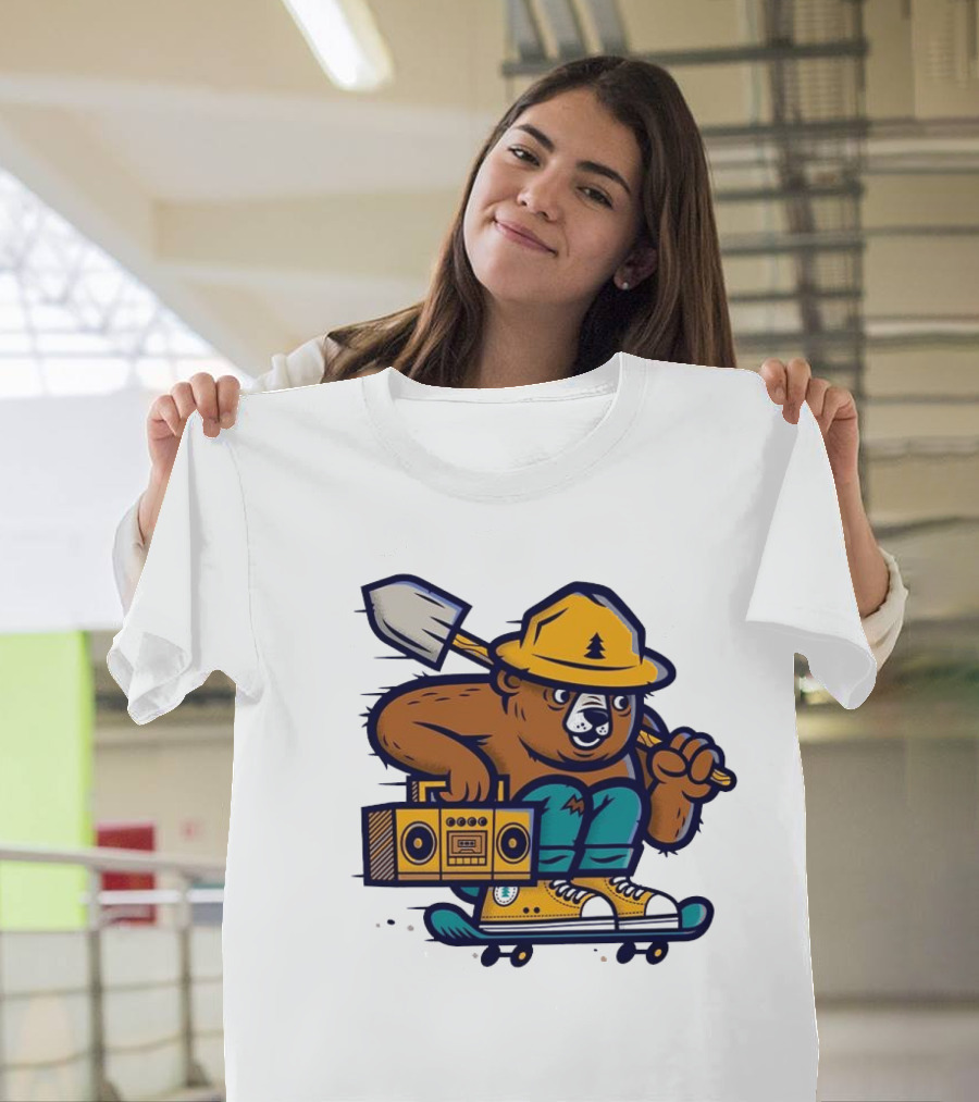 ```Wildfire Relief Bear Skateboarding With Boombox And Shovel``` T-Shirt