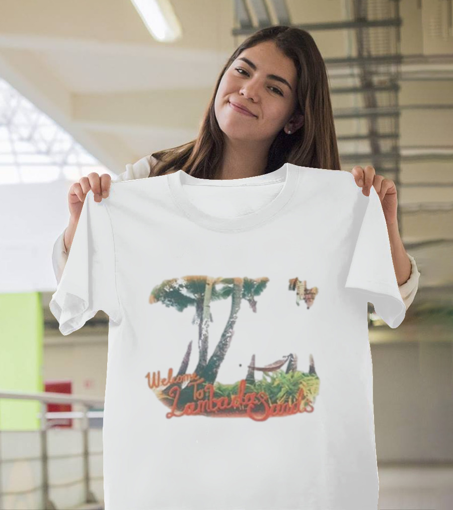 Welcome to Lambada Sands Tropical Paradise Oceanfront Sunset with Palm Trees and Sailboat T-Shirt