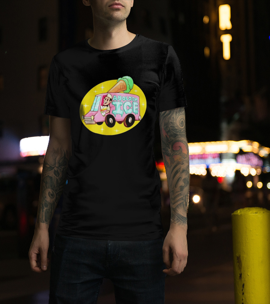 Abolish Ice Pink Ice Cream Truck With Melting Cone On Yellow T-Shirt