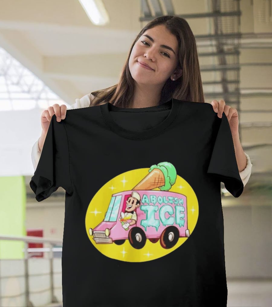 Abolish Ice Pink Ice Cream Truck With Melting Cone On Yellow T-Shirt