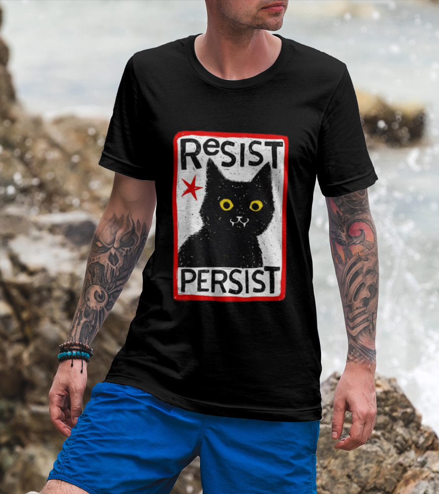 Resist Persist Black Cat Activism Red Star Empowerment T-Shirt