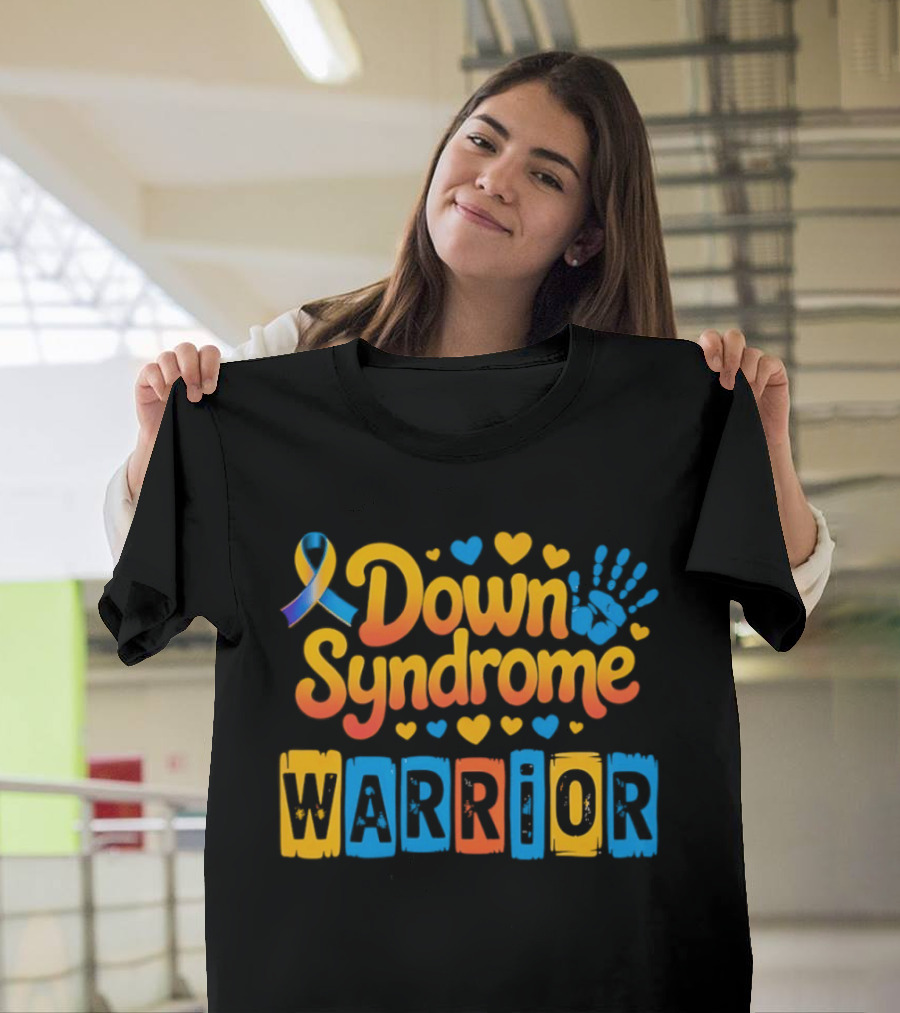 Down Syndrome Warrior Ribbon Handprint Hearts T-Shirt