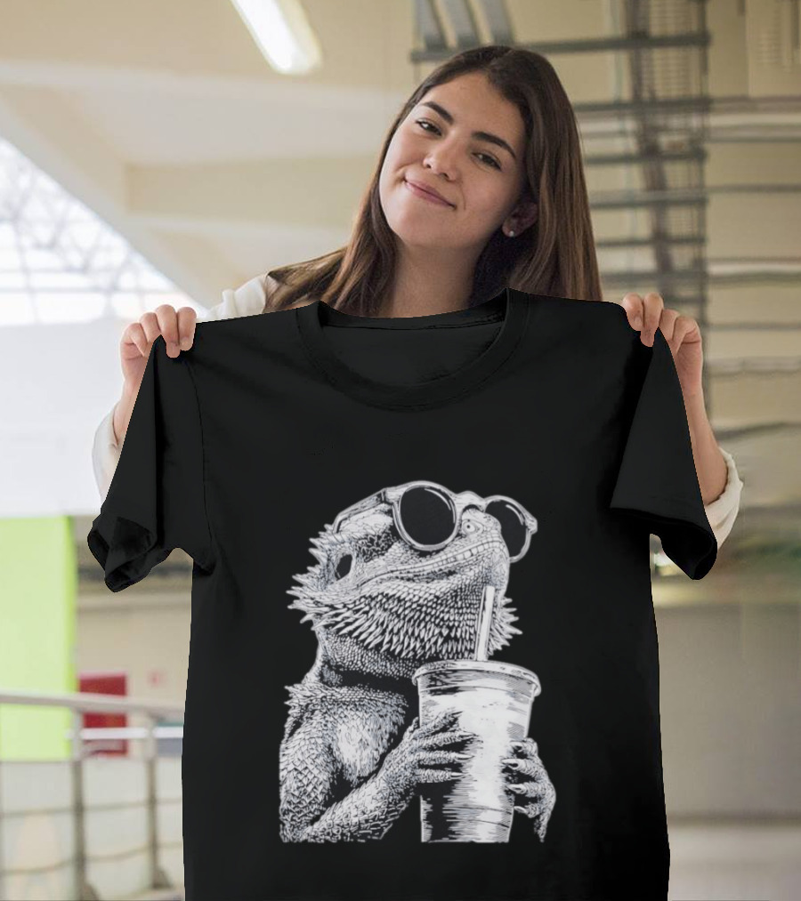 Bearded Dragon With Sunglasses Drinking Iced Coffee T-Shirt