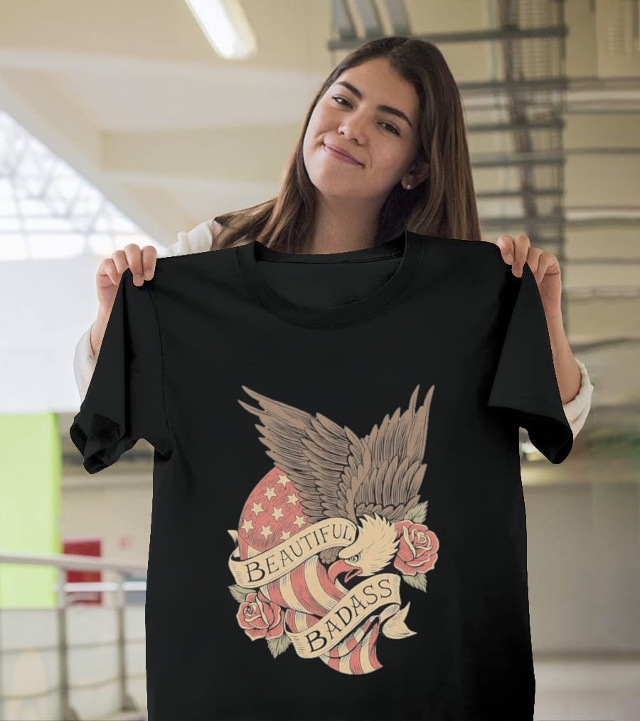 Beautiful Badass Eagle With American Flag And Roses T-Shirt