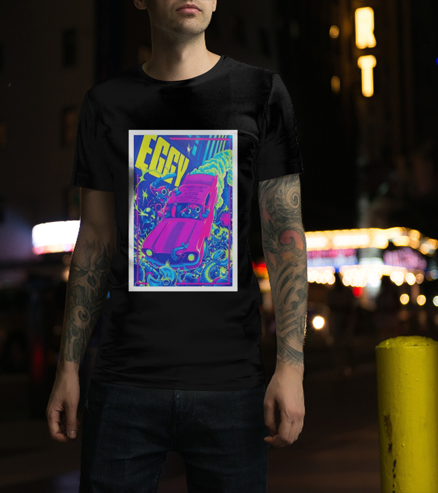 Eggy March 8 2026 The Burl Show Retro Neon Car Adventure T-Shirt