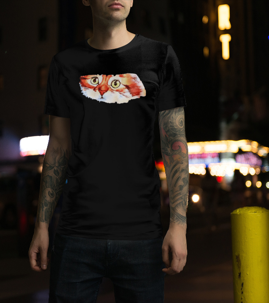 Watercolor Ginger Cat Face Green Eyes Close Up T-Shirt
