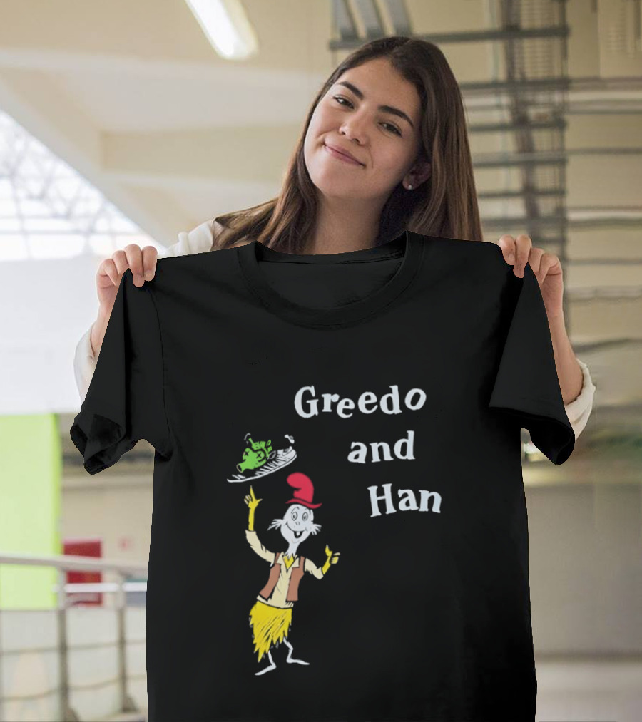 Greedo And Han Whimsical Cartoon Character Balancing Act T-Shirt