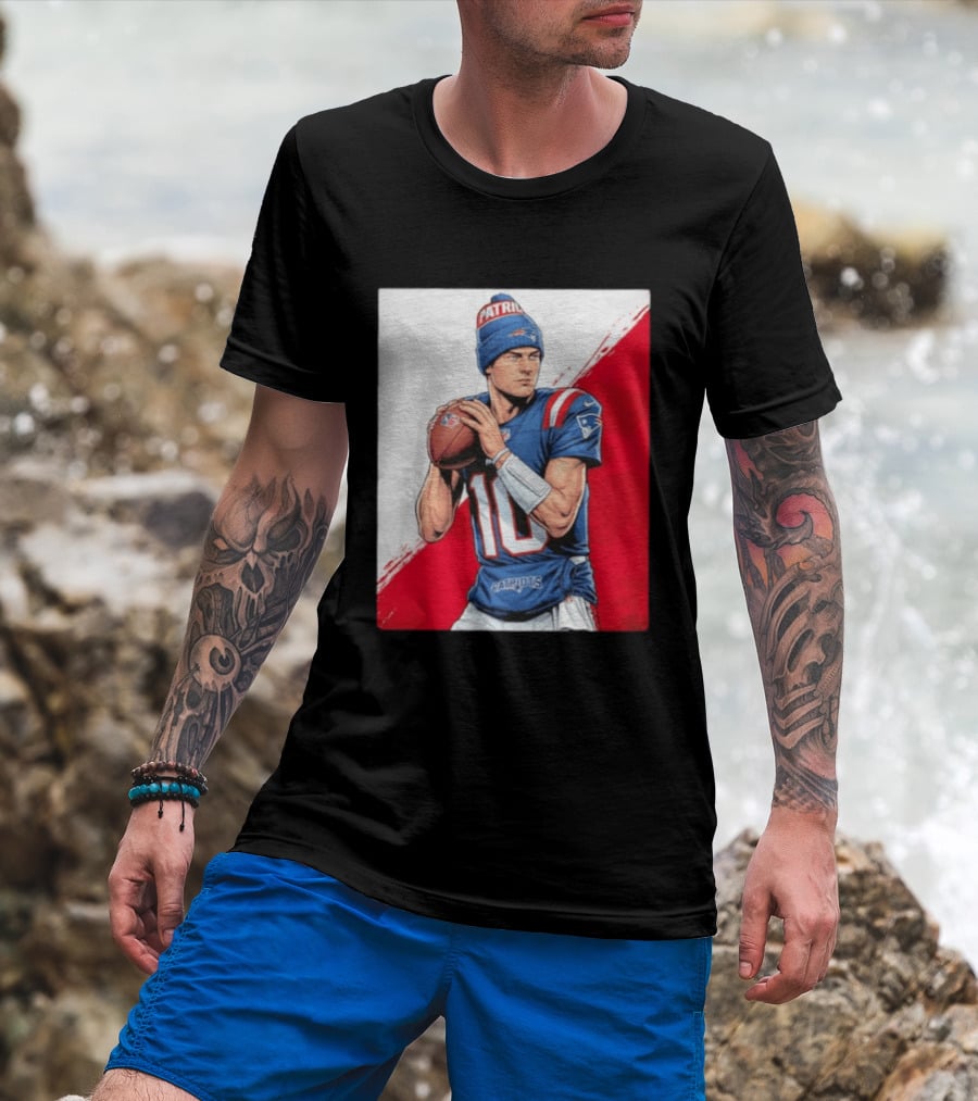 New England Patriots Number 10 Quarterback Throwing Football Beanie T-Shirt