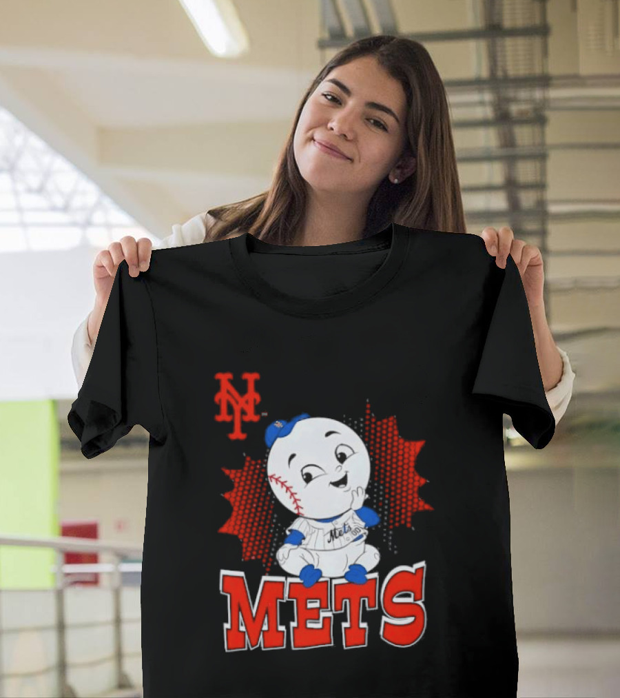 NY Mets Mr. Met Cartoon Character With Baseball And Team T-Shirt