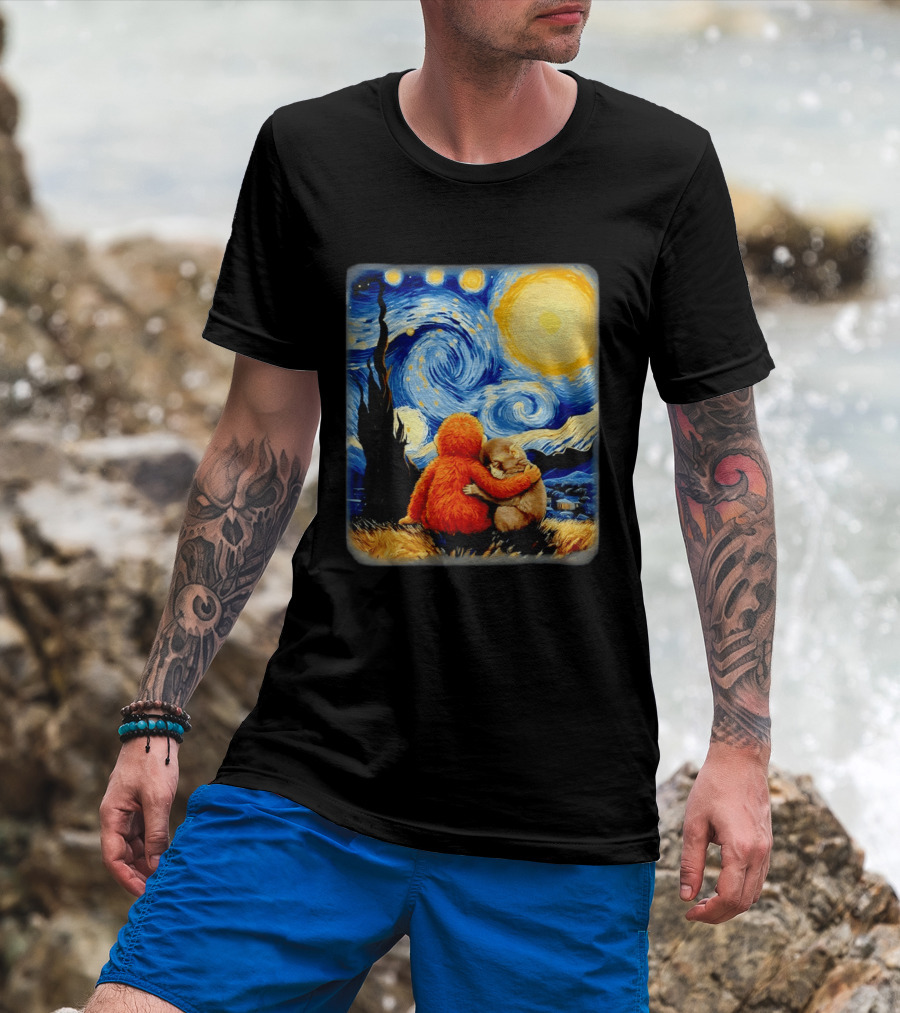 Punch Kun Panchi Kun Van Gogh Monkey Punch Starry Night Hugging Scene T-Shirt