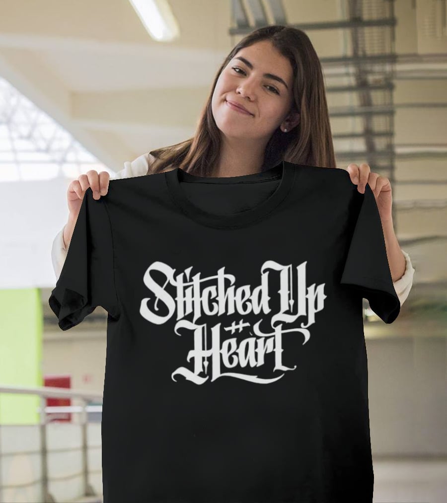 Stitched Up Heart Band Merchandise Gothic Lettering T-Shirt
