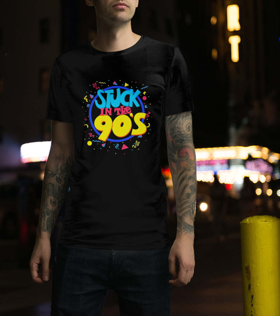 Stuck In The 90s Colorful Retro Vibes With Bold Typography And 90s T-Shirt