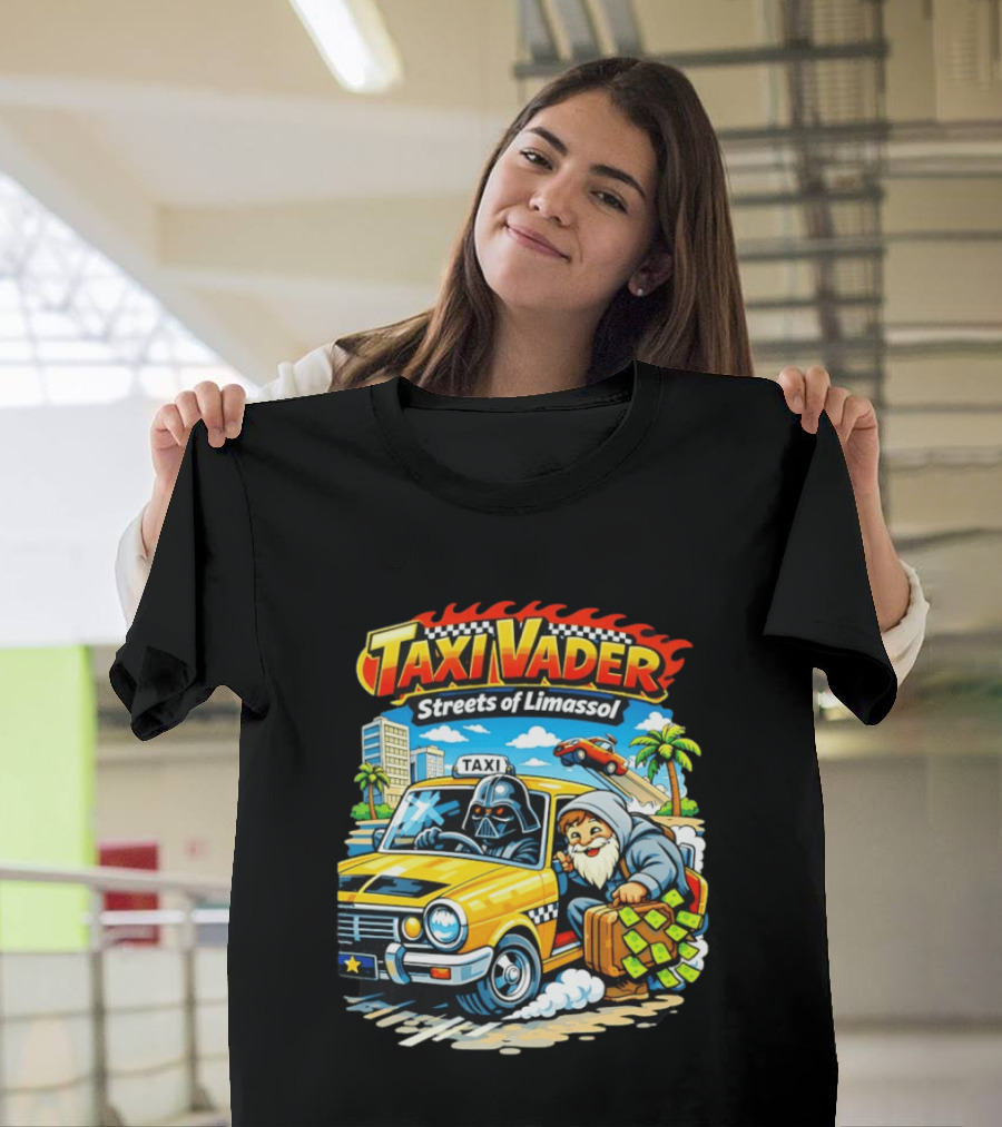 Taxi Vader Streets Of Limassol Adventure With Iconic Characters And Yellow Cab In Cityscape T-Shirt