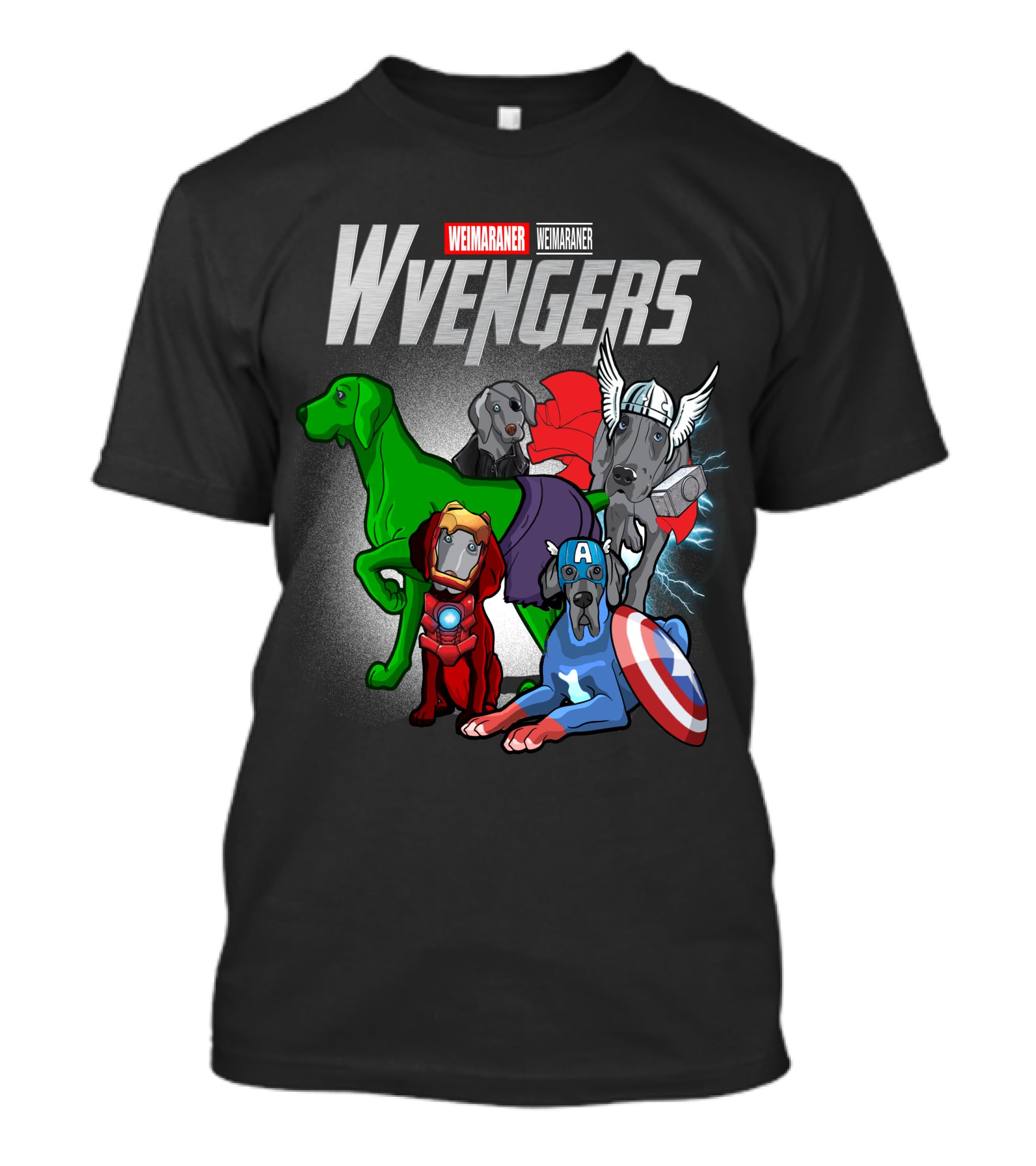 Weimaraner Wvengers Superhero Dog Group With Comic Elements T-Shirt