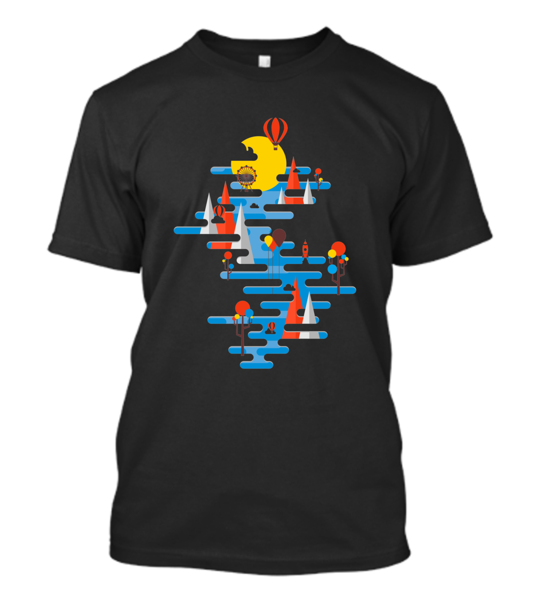 A Beautiful Day Hot Air Balloons Sailing Sun And Geometric Landscape T-Shirt