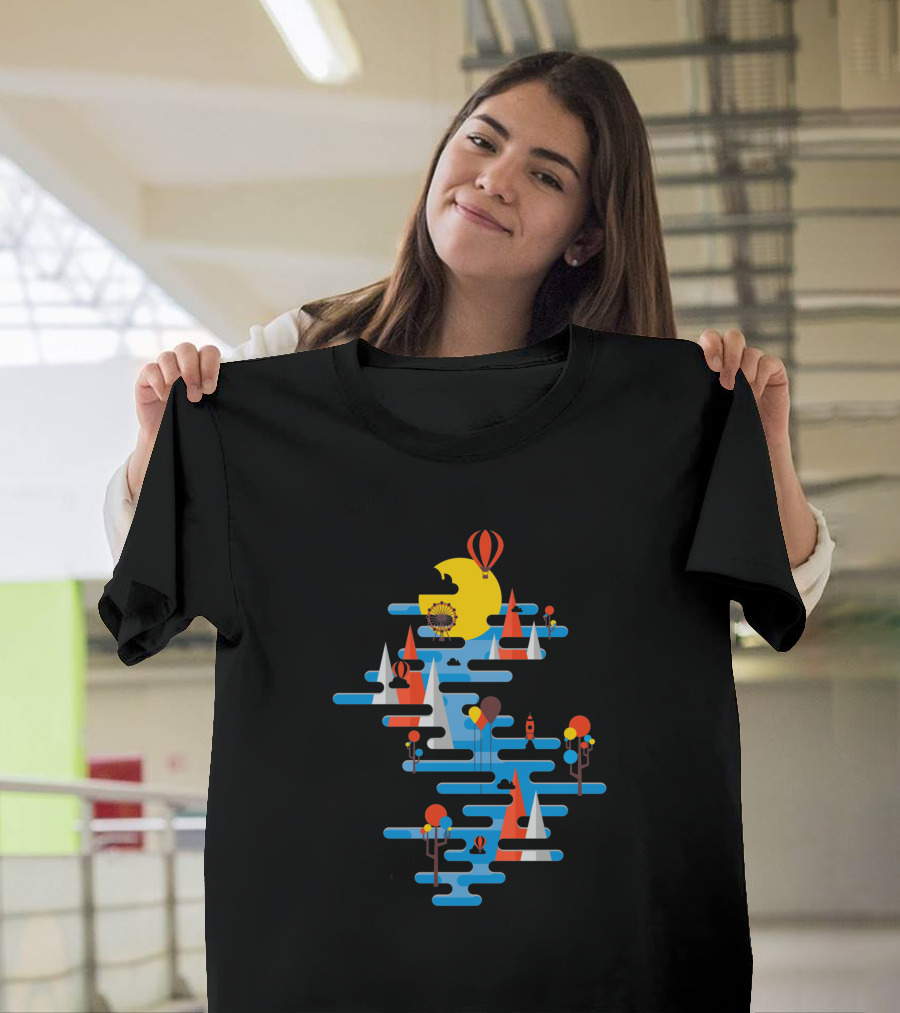A Beautiful Day Hot Air Balloons Sailing Sun And Geometric Landscape T-Shirt