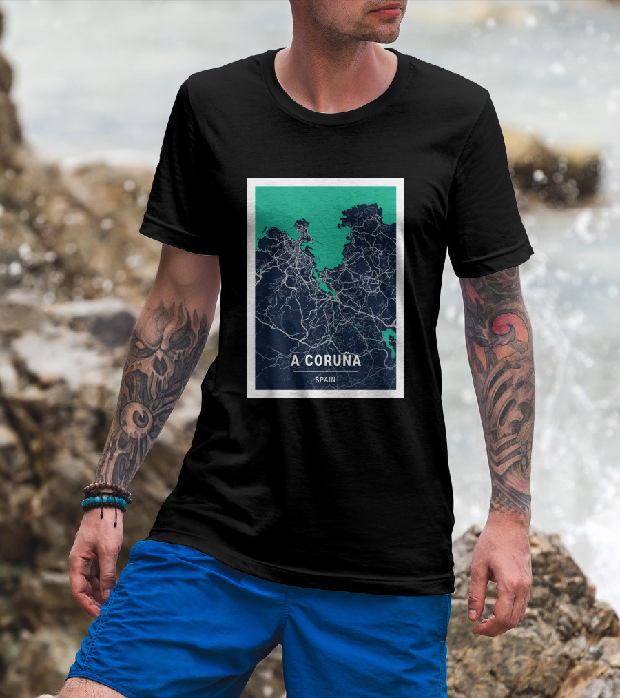 A Coruña Spain Blue Dark City Map Urban Streets And Landmarks T-Shirt