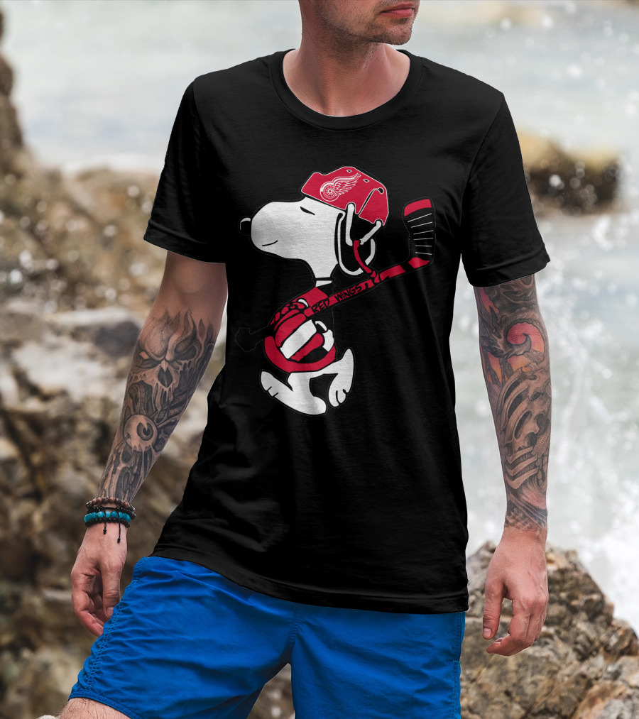 Detroit Red Wings Snoopy Hockey Helmet Hockey Stick T-Shirt