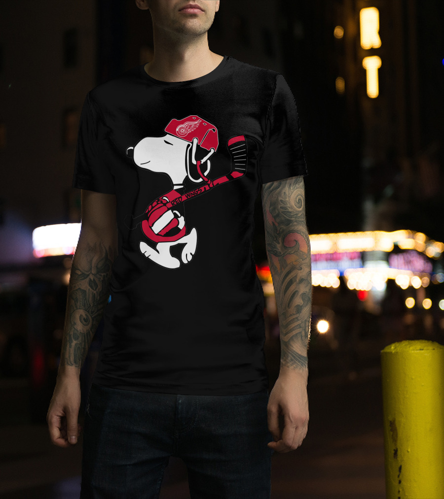 Detroit Red Wings Snoopy Hockey Helmet Hockey Stick T-Shirt