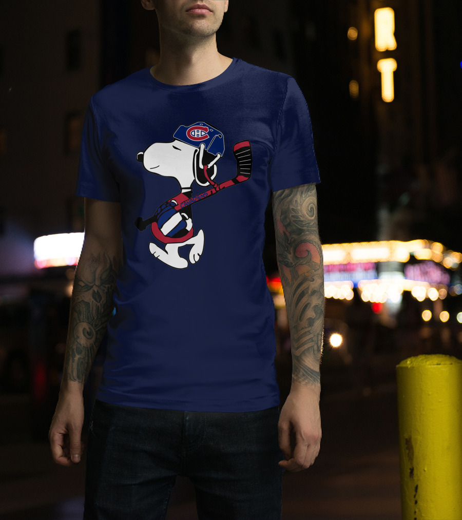 Snoopy Montreal Canadiens Hockey Helmet And Stick T-Shirt