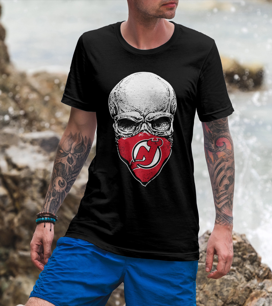 Skull With New Jersey Devils Logo As Face Mask T-Shirt