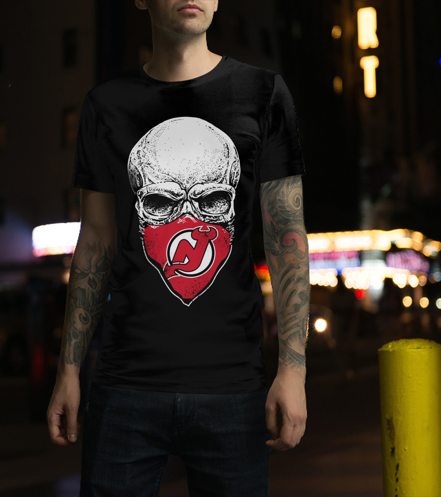 Skull With New Jersey Devils Logo As Face Mask T-Shirt