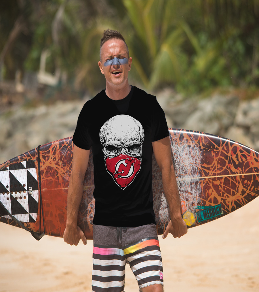 Skull With New Jersey Devils Logo As Face Mask T-Shirt