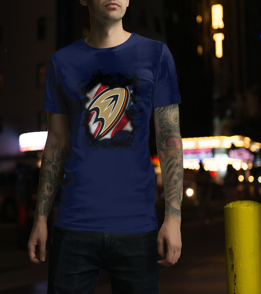 Anaheim Ducks Logo With American Flag Backdrop T-Shirt