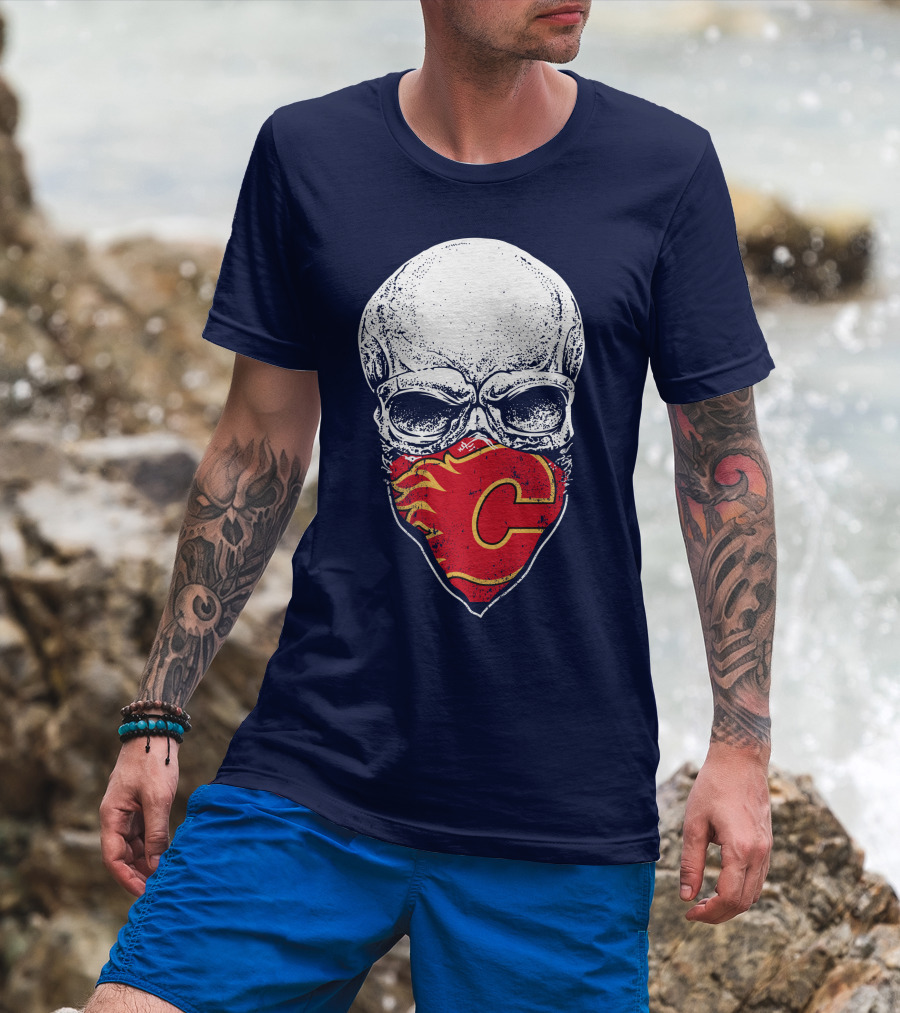 Skull With Calgary Flames Logo Facemask T-Shirt
