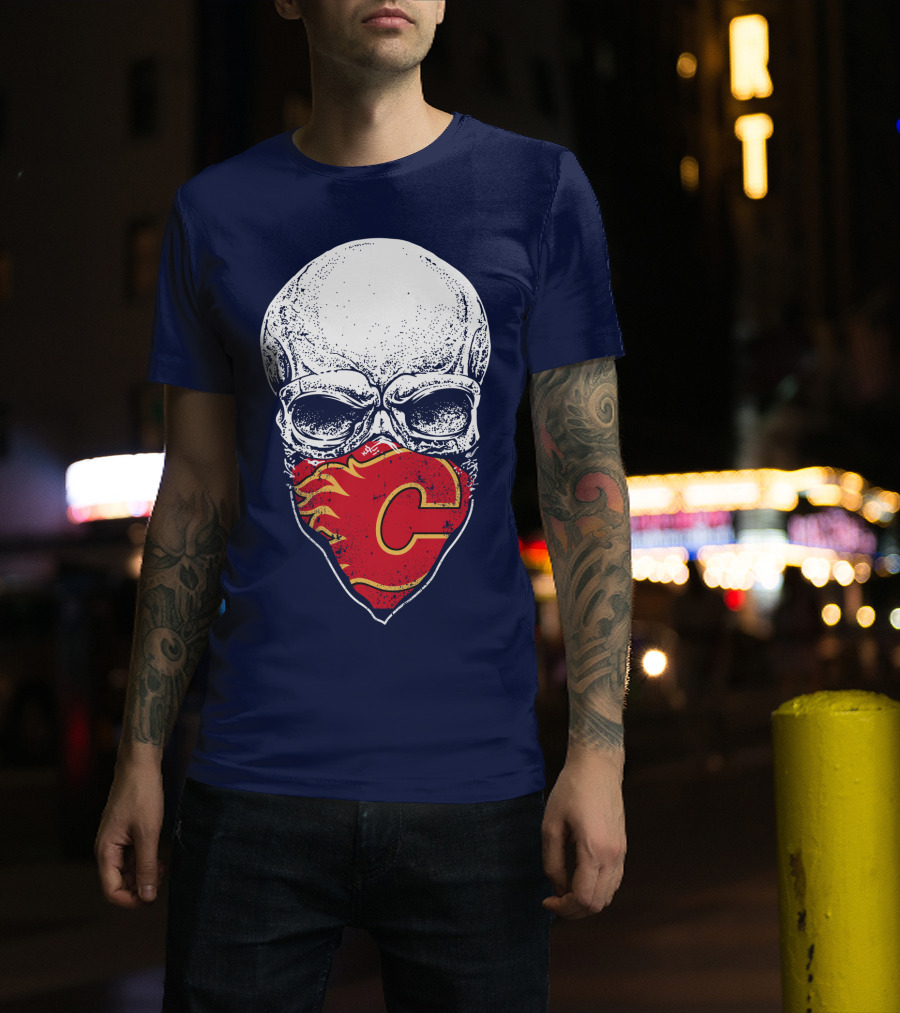 Skull With Calgary Flames Logo Facemask T-Shirt