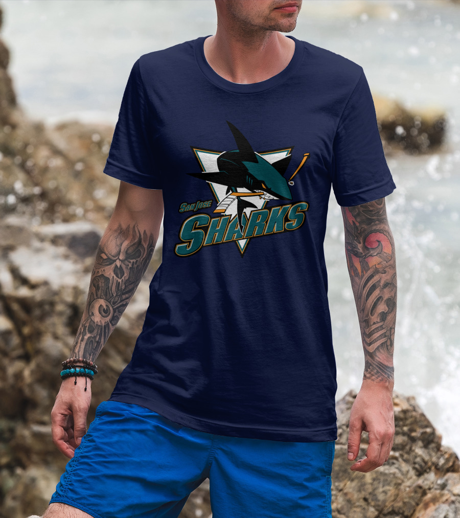 San Jose Sharks Hockey Team Logo With Shark And Hockey Stick T-Shirt