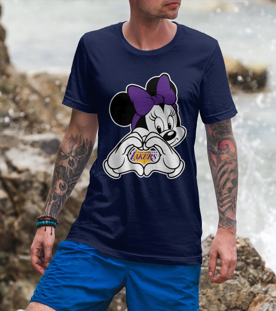 Minnie Mouse Heart Hands Los Angeles Lakers Purple Bow T-Shirt