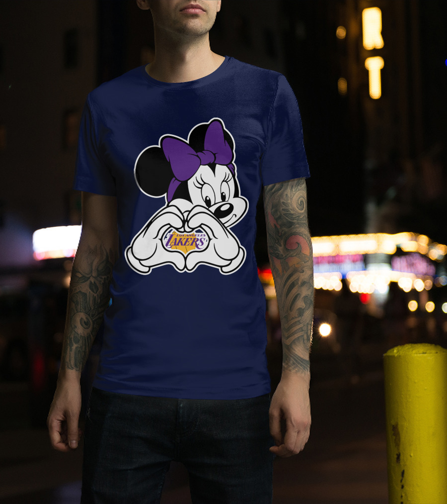 Minnie Mouse Heart Hands Los Angeles Lakers Purple Bow T-Shirt