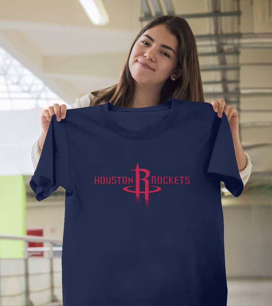 Houston Rockets Nba Red Logo On Dark Blue T-Shirt